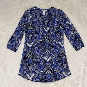 White House Black Market | Blue/white/black patterned long-sleeve dress, size XS